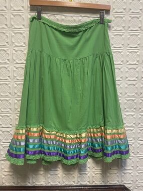 Odille Green Tiered Ribbon-Trim Midi Skirt